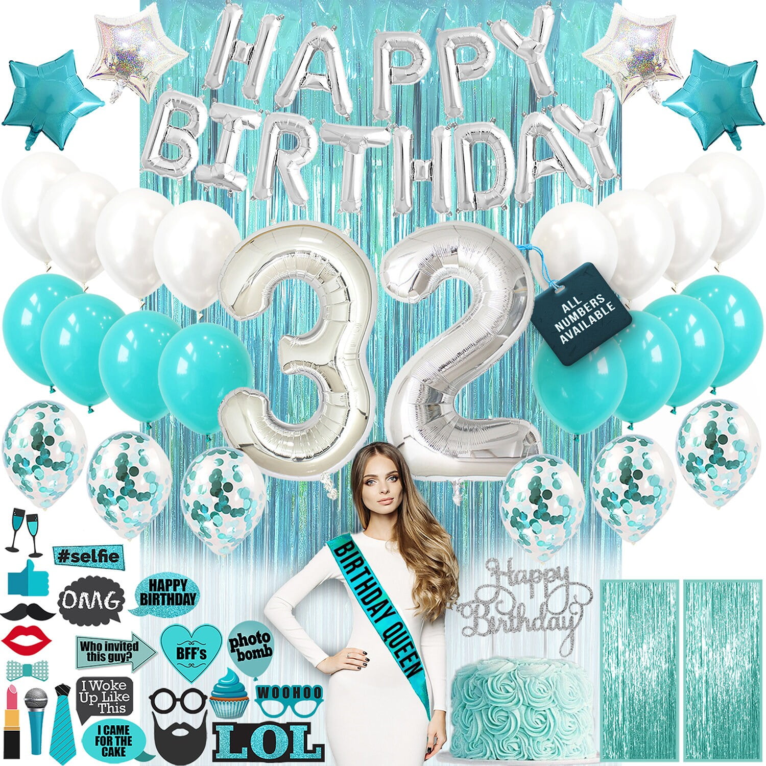 32nd Teal Green Birthday Decorations Party Supplies, Birthday Banner, 32nd Sash, Birthday Balloons, 32Cake Topper, 32nd Photo Props, Curtain - Walmart.com
